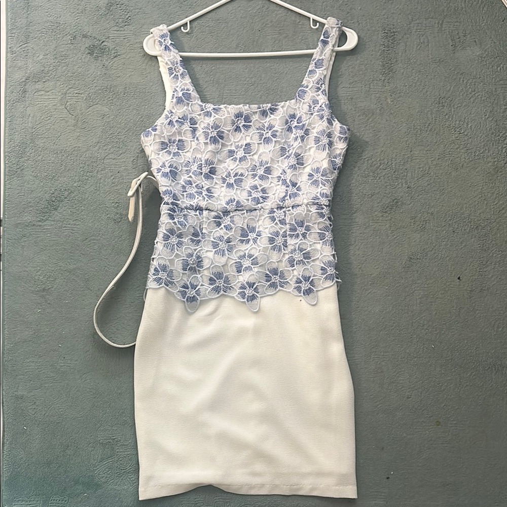 Blue Floral Lace Dress with Belt